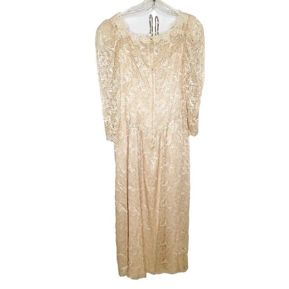 Vintage 80s Romantic Floral Lace Prairie Midi Dress Sz 13/14 Peach Beige - Picture 5 of 10